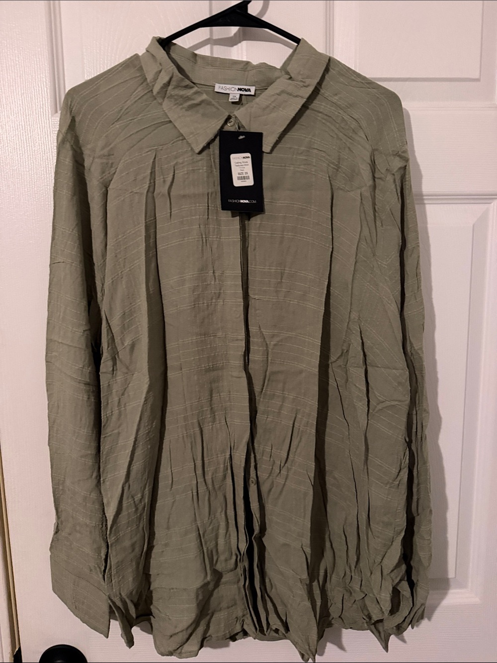 Fashion Nova Olive Green Crinkled Button-Up Shirt